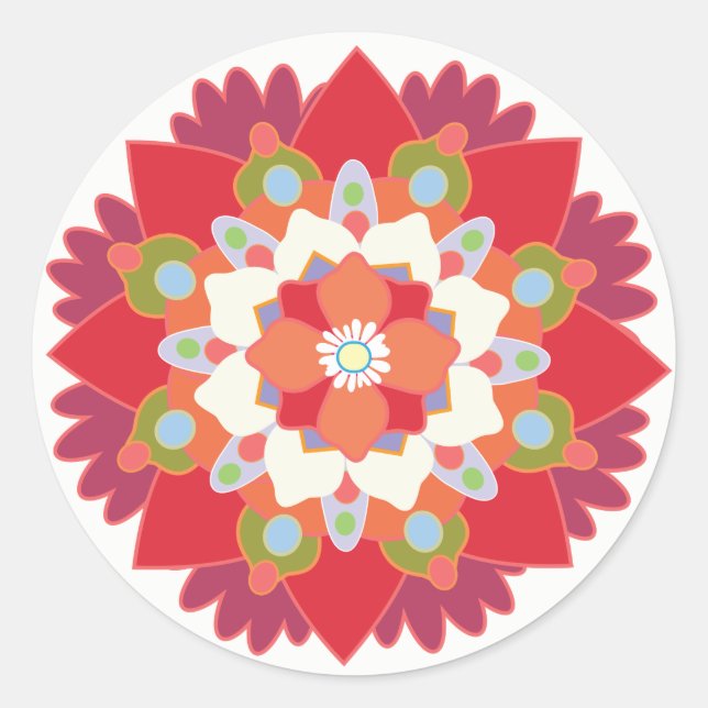 Colourful Red Floral Lotus Mandala Flower Sticker (Front)