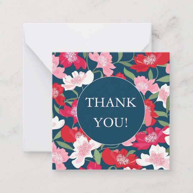 Colourful Red Floral Pattern Blue Blush Thank You Card (Front)