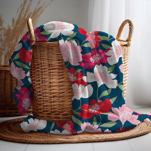 Colourful Red Floral Pattern Blue Fleece Blanket
