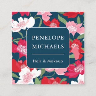 Colourful Red Floral Pattern Blue Square Business Card