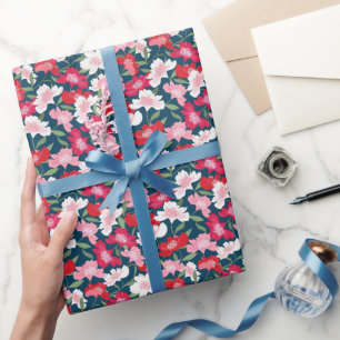 Colourful Red Floral Pattern Blue Wrapping Paper