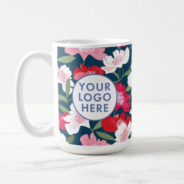 Colourful Red Floral Pattern Company Logo Business Coffee Mug (Left)