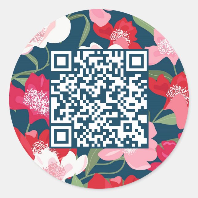 Colourful Red Floral QR Code Blue Classic Round Sticker (Front)