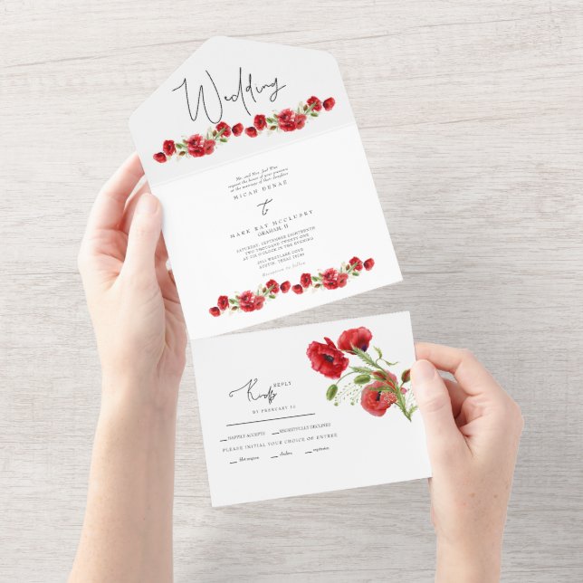 Colourful Red Floral Winter Wedding  All In One In Invitation (Tearaway)