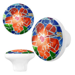Colourful Red Flower Mosaic Floral Ceramic Knob
