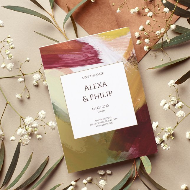 Colourful Red Green Hand Painted Abstract Art Invitation (1)