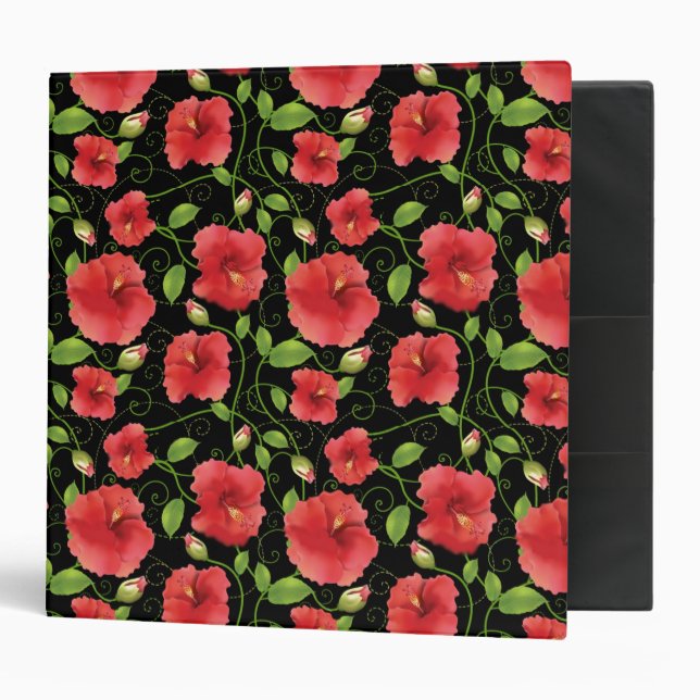 Colourful Red Hibiscus Blooms on Black Binder (Front/Inside)