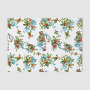 Colourful Red Holly and Blue Forget Me Nots Tissue Paper