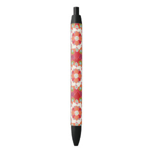 Colourful Red Lotus Floral Flower Pattern Black Ink Pen