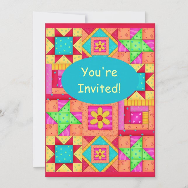 Colourful Red Orange Pink Patchwork Quilt Block Ar Invitation (Front)