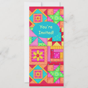 Colourful Red Orange Pink Patchwork Quilt Block Ar Invitation