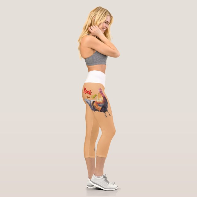 Colourful Red Orange Realistic Rooster Painting Capri Leggings (Right)