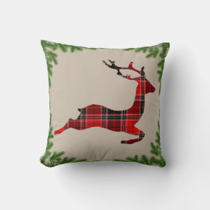 Colourful Red Plaid Reindeer Christmas Holiday Throw Pillow