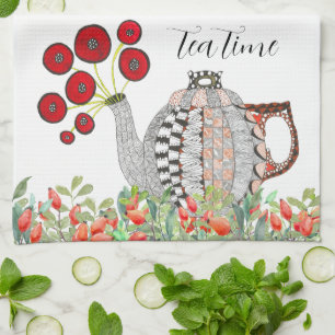 Colourful Red Poppies Tea Time Teapot Kitchen Towe Kitchen Towel