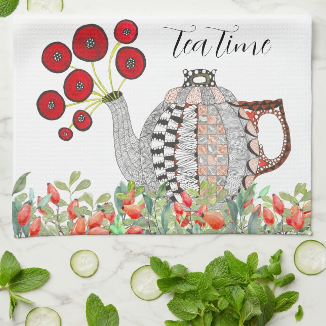 Colourful Red Poppies Tea Time Teapot Kitchen Towe Kitchen Towel (Folded)