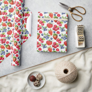 Colourful Red Summer Berries Pattern Gold Glitter Wrapping Paper