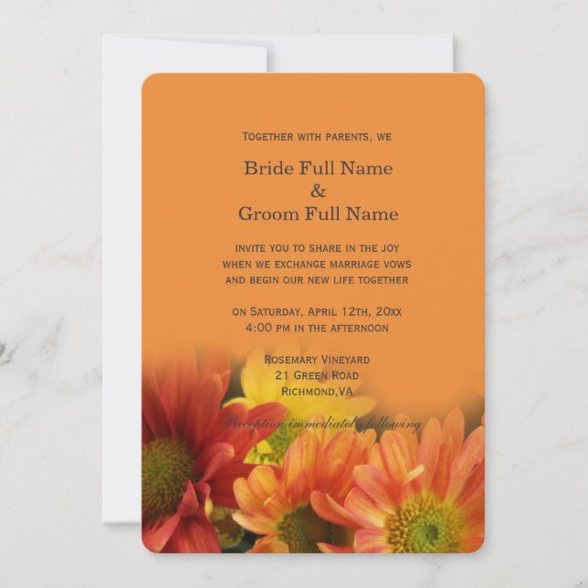 Colourful red, yellow, orange daisy flowers weddin invitation (Front)