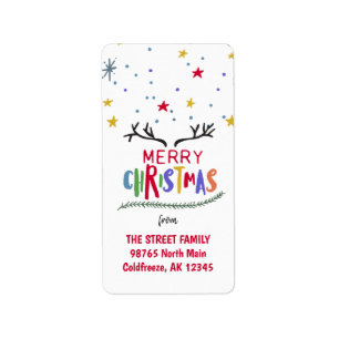 Colourful Reindeer Antler and Stars Merry Label