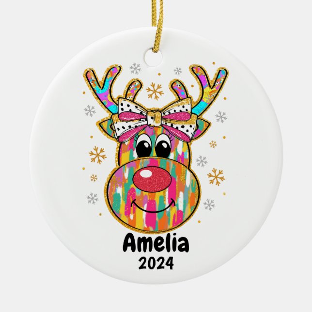 Colourful Reindeer Coquette Bow  Christmas Ornamen Ceramic Ornament (Front)
