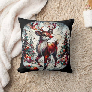 Colourful reindeer in a whimsical winter forest throw pillow