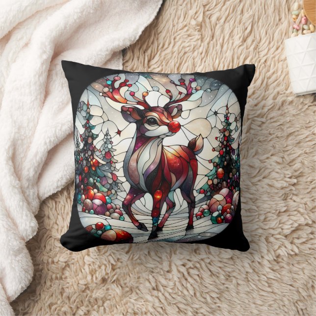 Colourful reindeer in a whimsical winter forest throw pillow (Blanket)