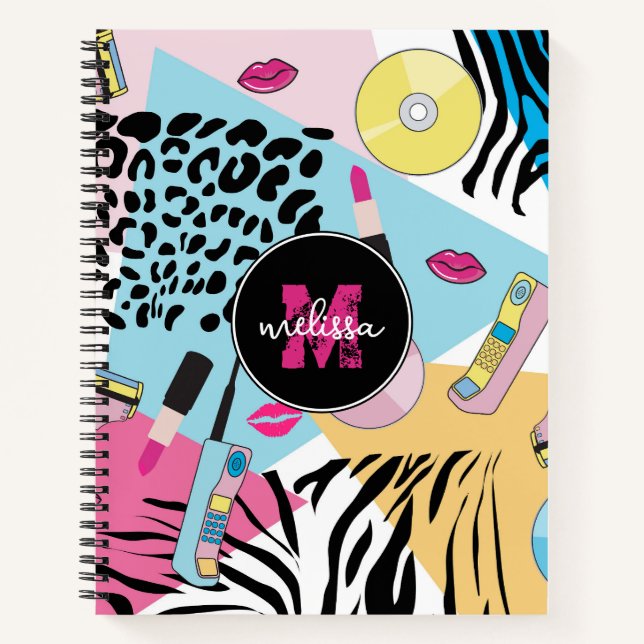 Colourful Retro 1990's Nineties Pattern Monogram Notebook (Front)