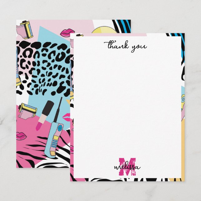 Colourful Retro 1990's Nineties Pattern Monogram Thank You Card (Front/Back)