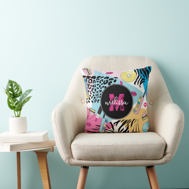 Colourful Retro 1990's Nineties Pattern Monogram Throw Pillow (Chair)