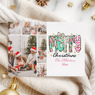 Colourful Retro 5 Photo  Merry Christmas Holiday Card