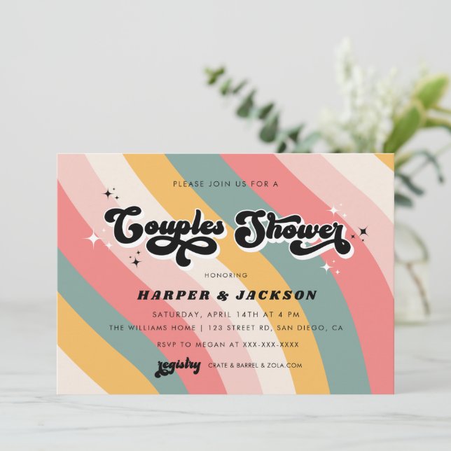 Colourful Retro 70s Couples Shower Invitation (Standing Front)
