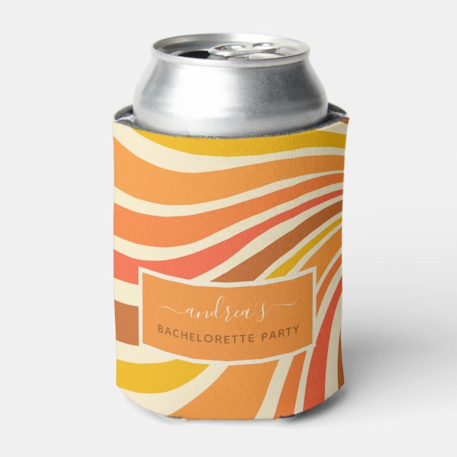 Colourful Retro 70s Stripes Wave Bachelorette Part Can Cooler (Can Front)