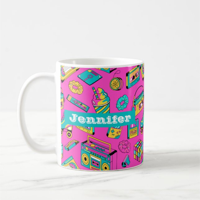 Colourful Retro 80s Girly Neon Pink Pattern Name Coffee Mug (Left)