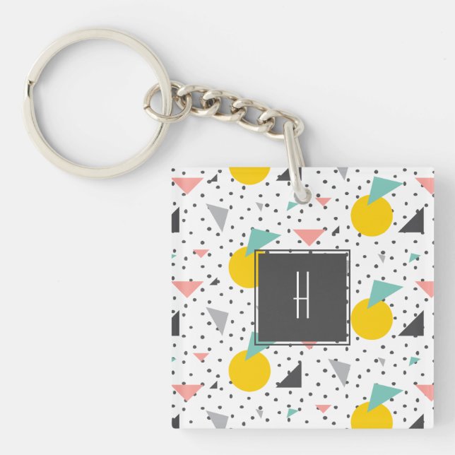 Colourful Retro 90's Pattern Monogram Photo Keychain (Front)