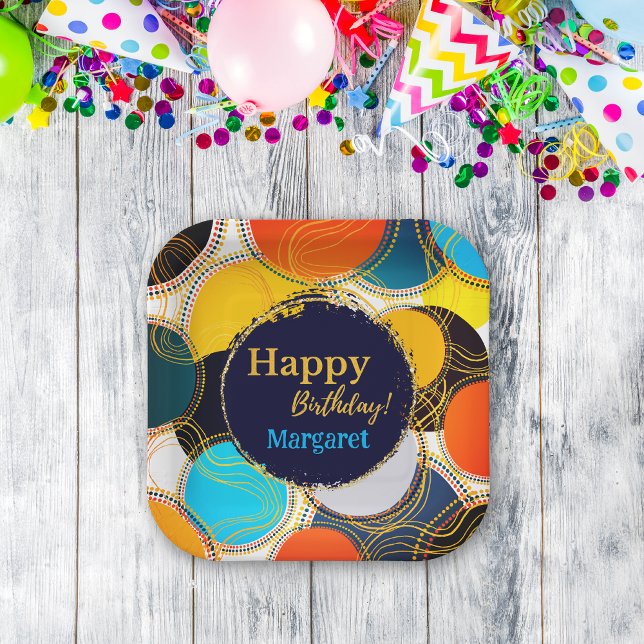Colourful Retro Abstract Happy Birthday Personaliz Paper Plate (Creator Uploaded)