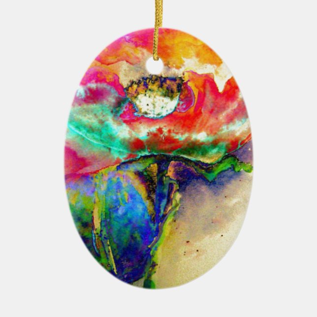 Colourful retro Abstract Poppy watercolor  Ceramic Ornament (Front)