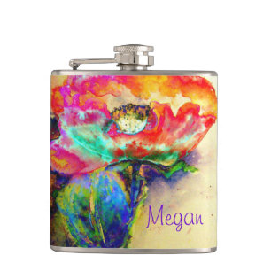 Colourful retro Abstract Poppy watercolor  Hip Flask