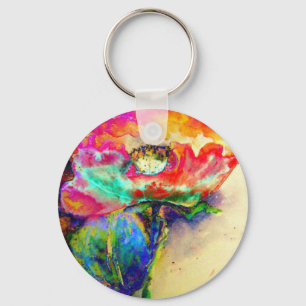 Colourful retro Abstract Poppy watercolor  Keychain