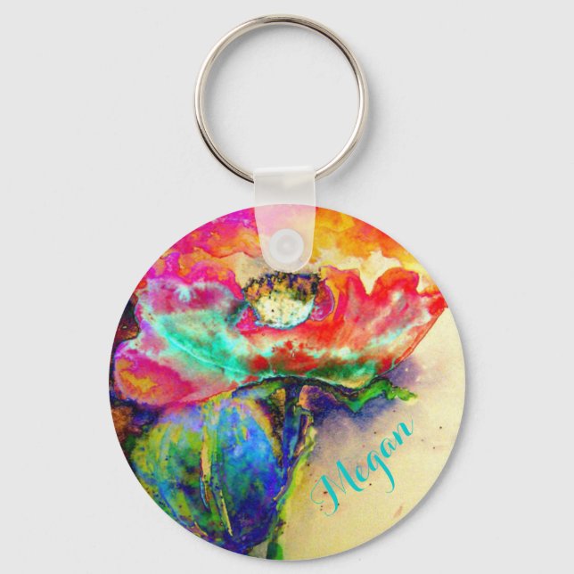 Colourful retro Abstract Poppy watercolor  Keychain (Front)