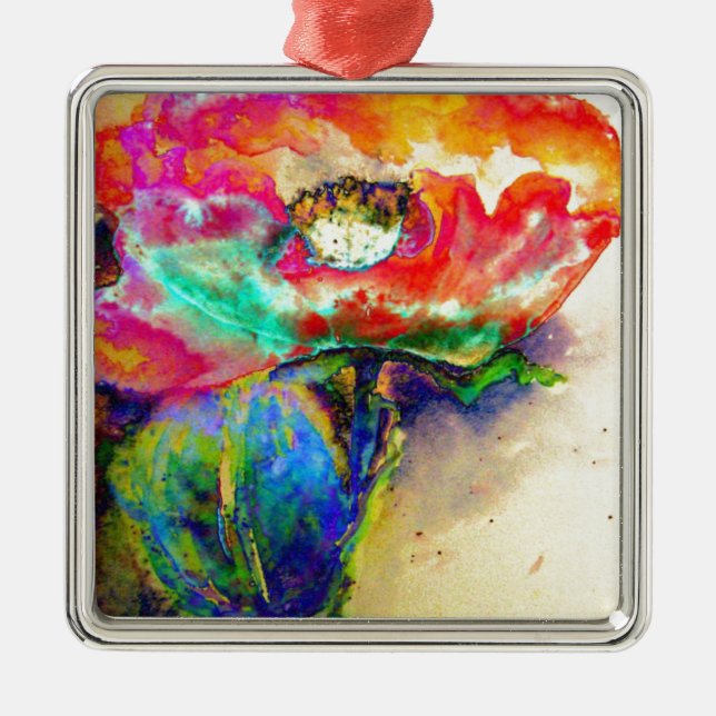 Colourful retro Abstract Poppy watercolor  Metal Ornament (Front)