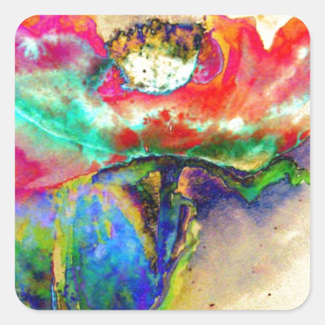 Colourful retro Abstract Poppy watercolor  Square Sticker (Front)
