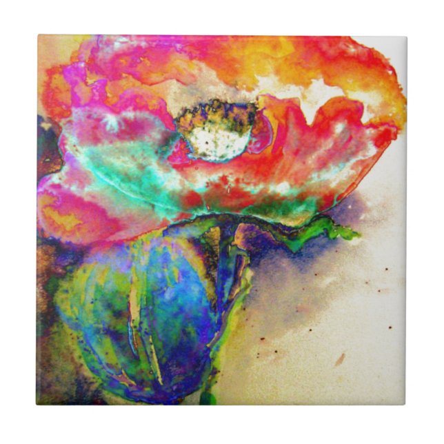 Colourful retro Abstract Poppy watercolor  Tile (Front)