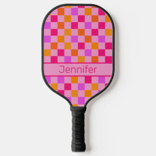 Colourful Retro Aesthetic Checked Pattern Hot Pink Pickleball Paddle