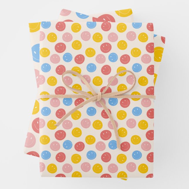 Colourful Retro Aesthetic Smile Face Wrapping Paper Sheet (In situ)
