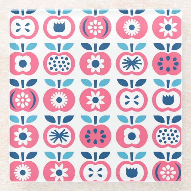Colourful Retro Apple Seamless Pattern Glass Coaster (Front)