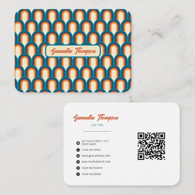 Colourful Retro Arch Rainbow Pattern QR Code Business Card (Front/Back)