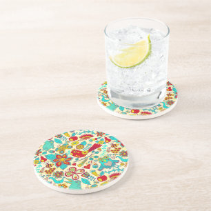 Colourful Retro Birds Flowers & Bunny Rabbits Coaster