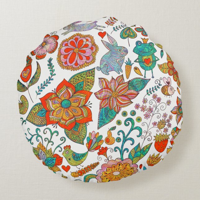 Colourful Retro Birds Flowers & Bunny Rabbits Round Pillow (Back)