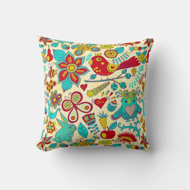 Colourful Retro Birds Flowers & Bunny Rabbits Throw Pillow (Front)