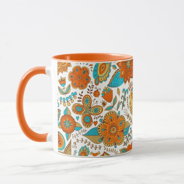 Colourful Retro Birds Flowers & Butterflies Patter Mug (Left)