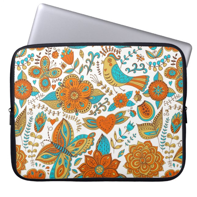 Colourful Retro Birds Flowers & Butterfly's Laptop Sleeve (Front)